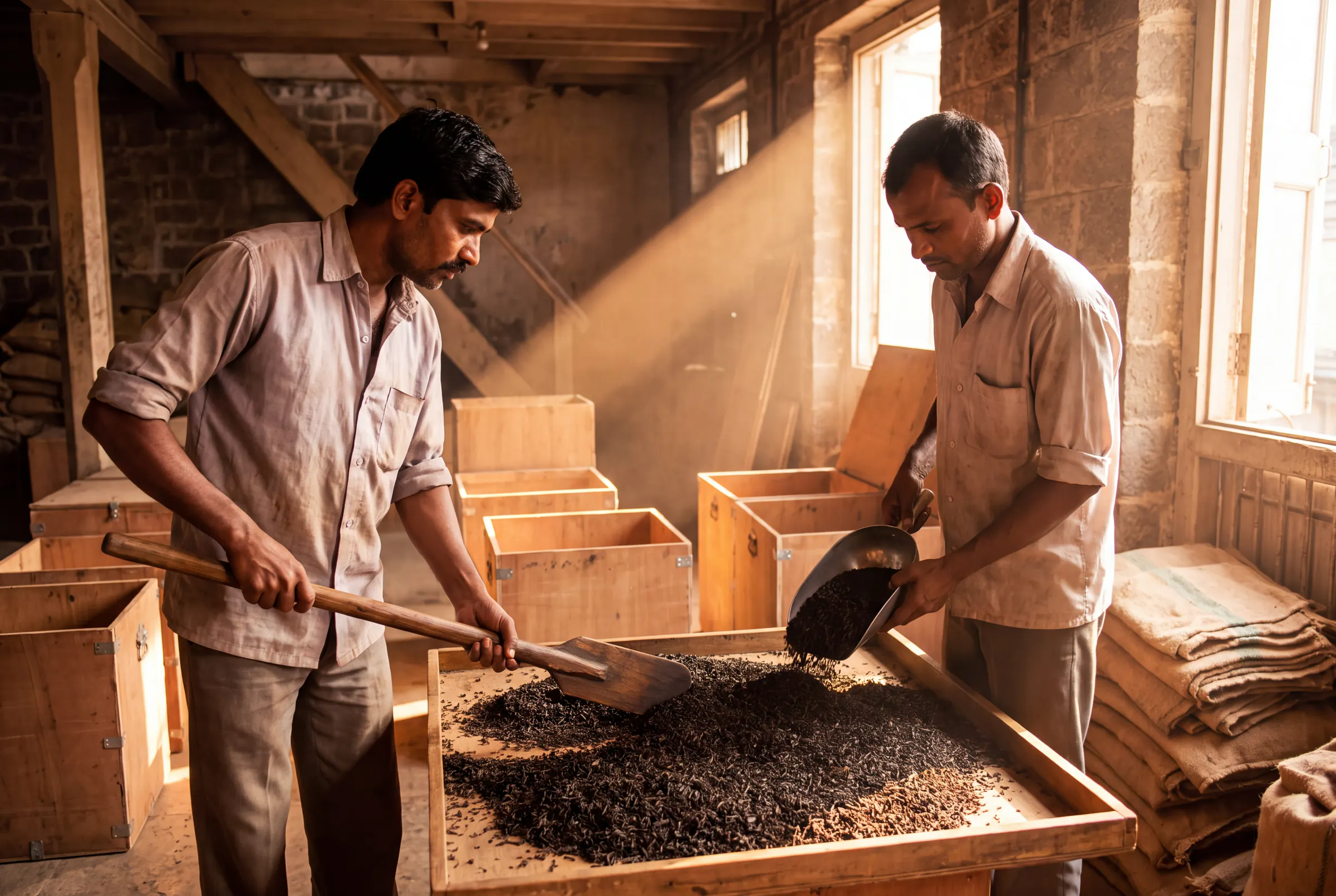 Two men mixing loose tea by hand in a large wooden tray.