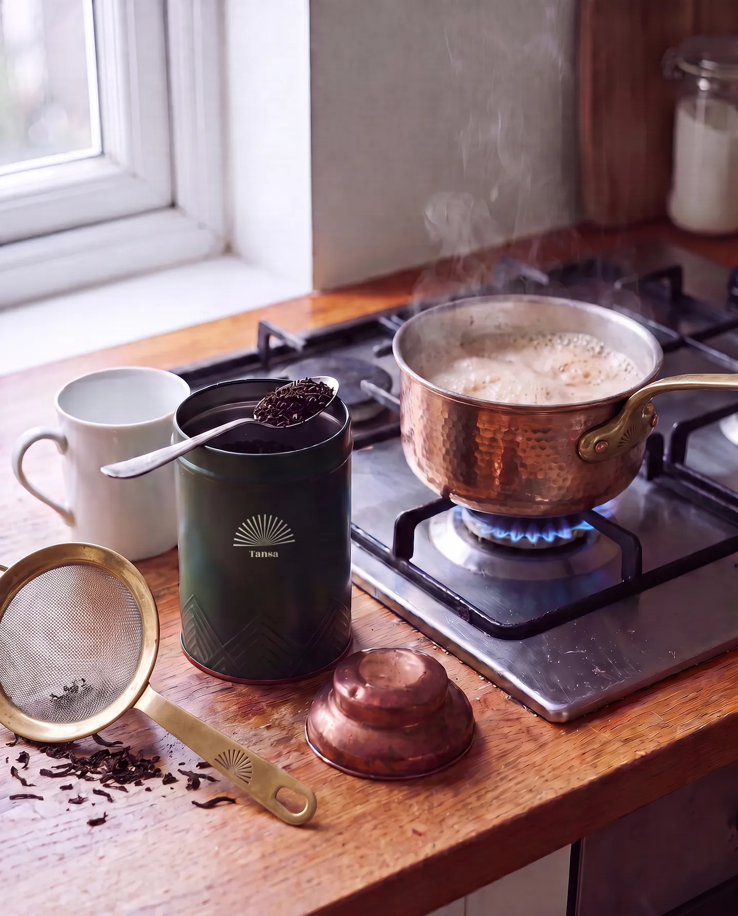 Chai simmering in our copper pan on a gas hob at home, the green house tin open beside it with a spoonful of tea.