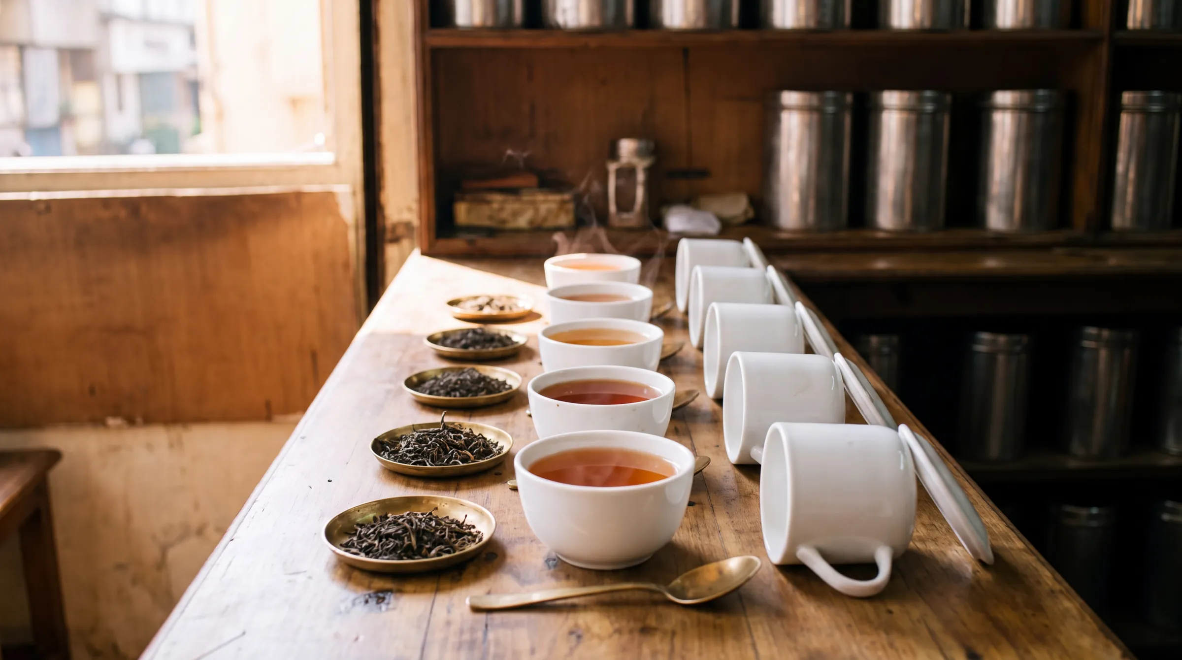 Six white tasting bowls of brewed tea in a row on a teak counter, each with its dry leaf in a brass dish in front.