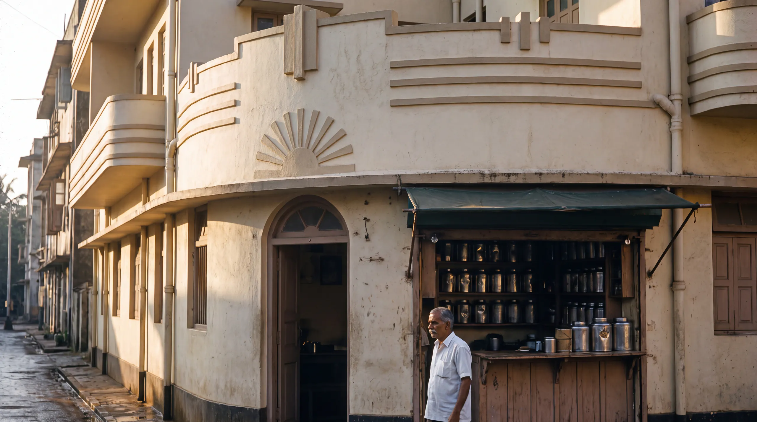Our tea shop on the ground floor of a cream 1930s building in Mumbai, with a sunburst carved above the door.