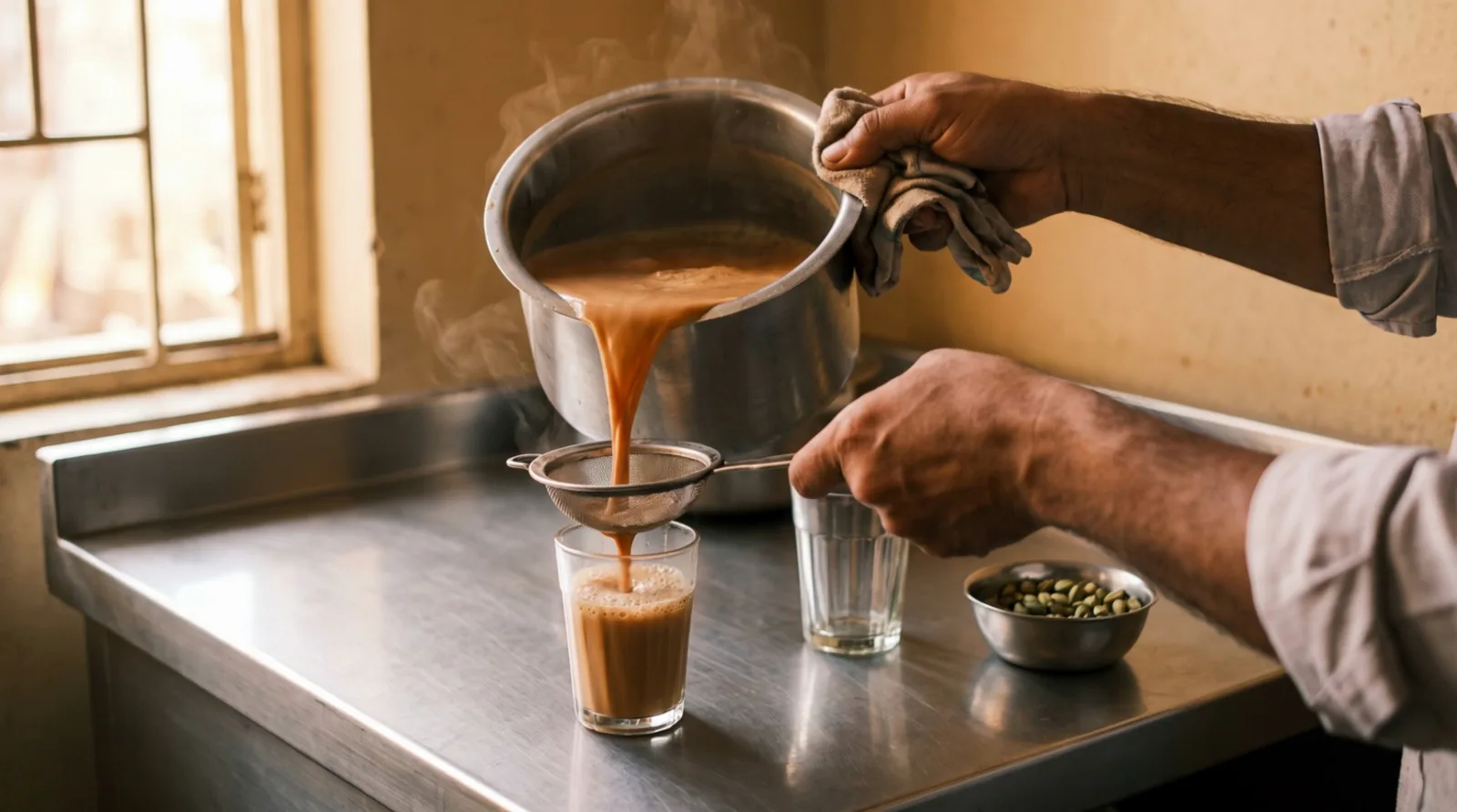 Milky chai poured from a steel pot through a strainer into a small glass.