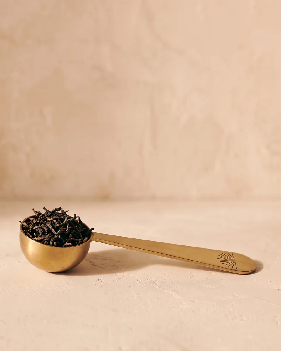 A brass tea measure holding a spoonful of loose tea, a sunburst engraved on the handle.