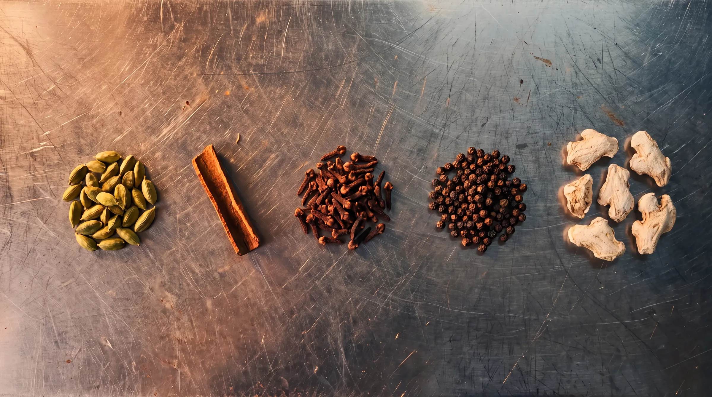 The five whole spices in our chai: cardamom, cinnamon, cloves, black pepper and dried ginger.