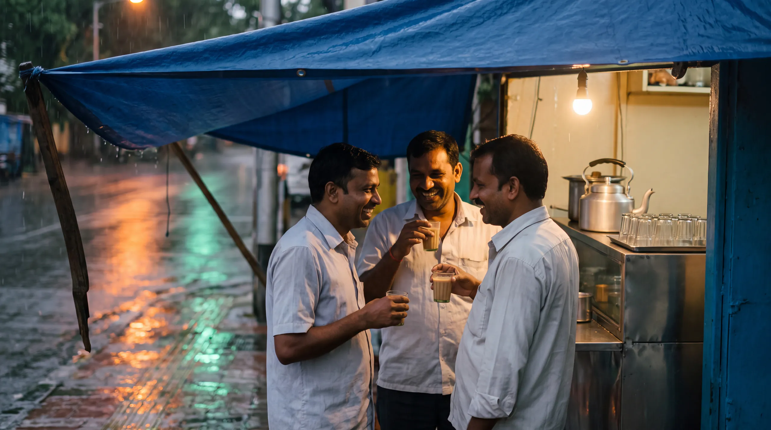 Three friends laughing over glasses of chai at a street stall in the rain.