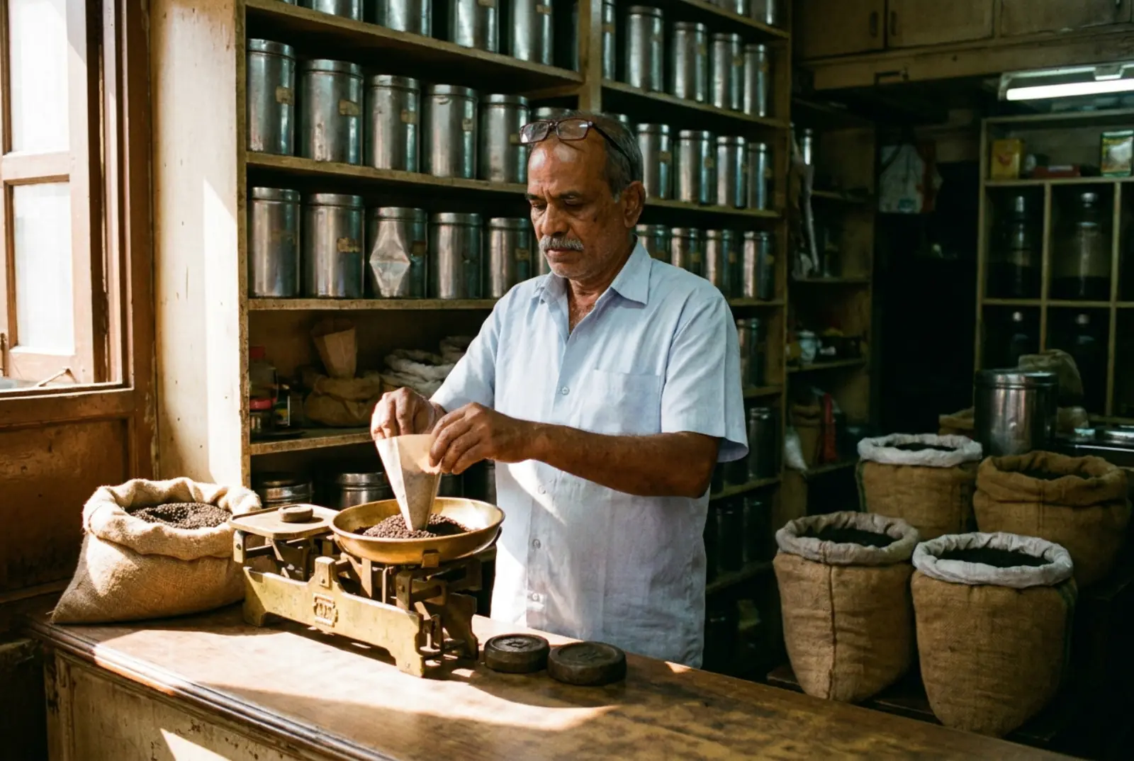 Inside the shop in Mahim: a man weighing loose tea on a brass balance, shelves of unmarked tin canisters behind him.