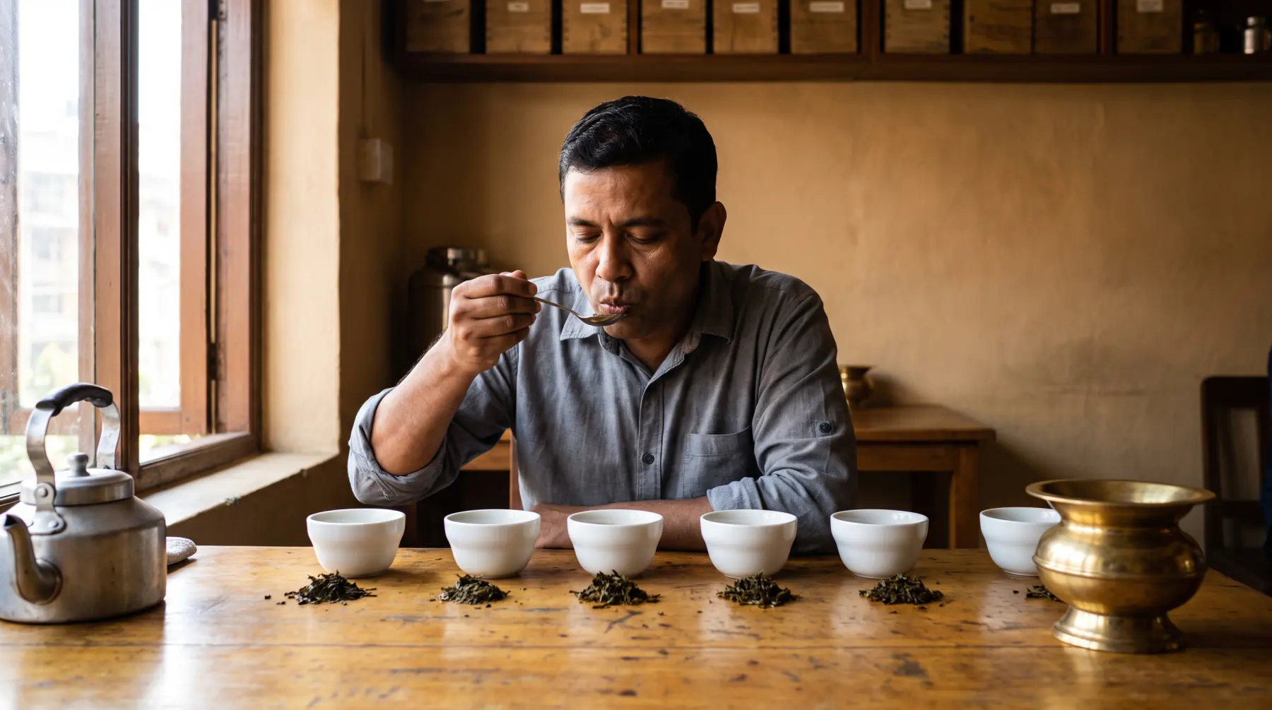 A cupping table: six identical white bowls in a row, spent leaf beside each, a man mid-taste with a spoon.