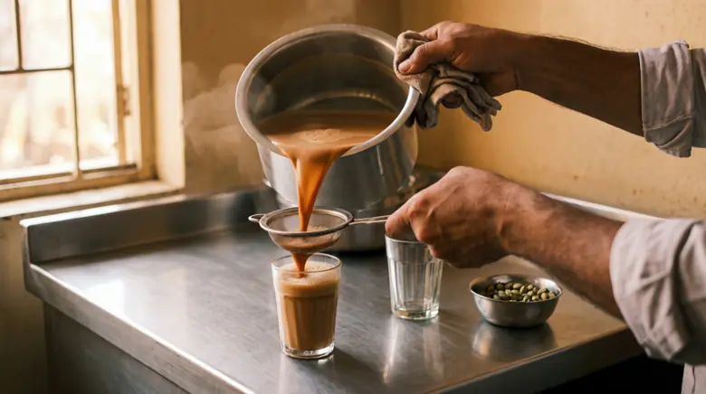 Tea poured in a long stream from a kettle into a cutting-chai glass through a strainer.