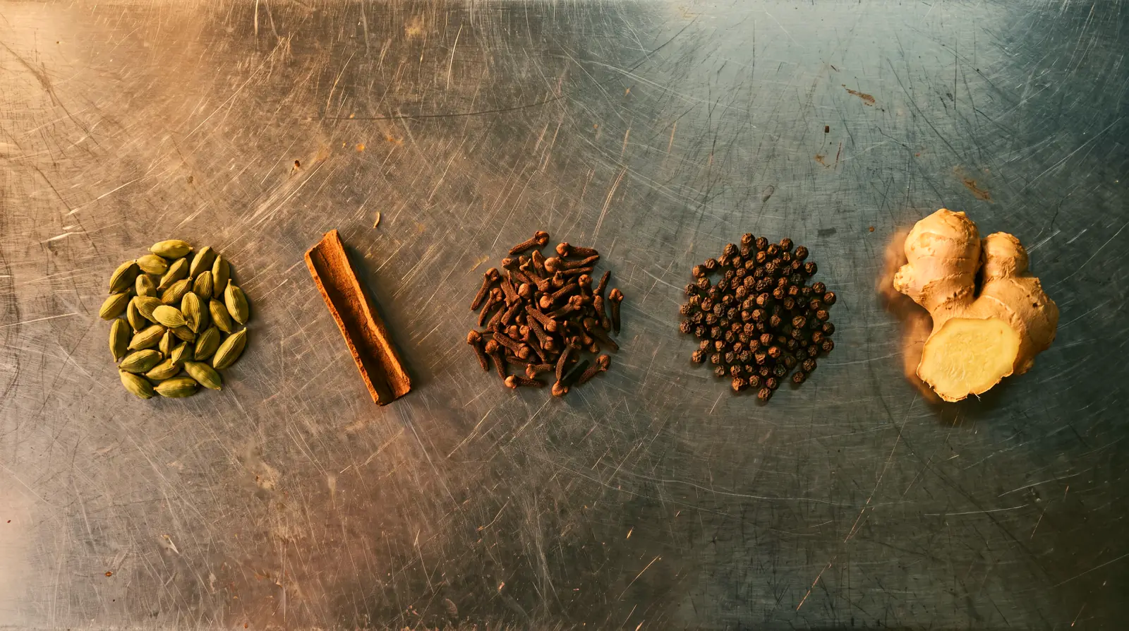Whole chai spices in five piles on a steel counter: cardamom, cinnamon, cloves, peppercorns and ginger.