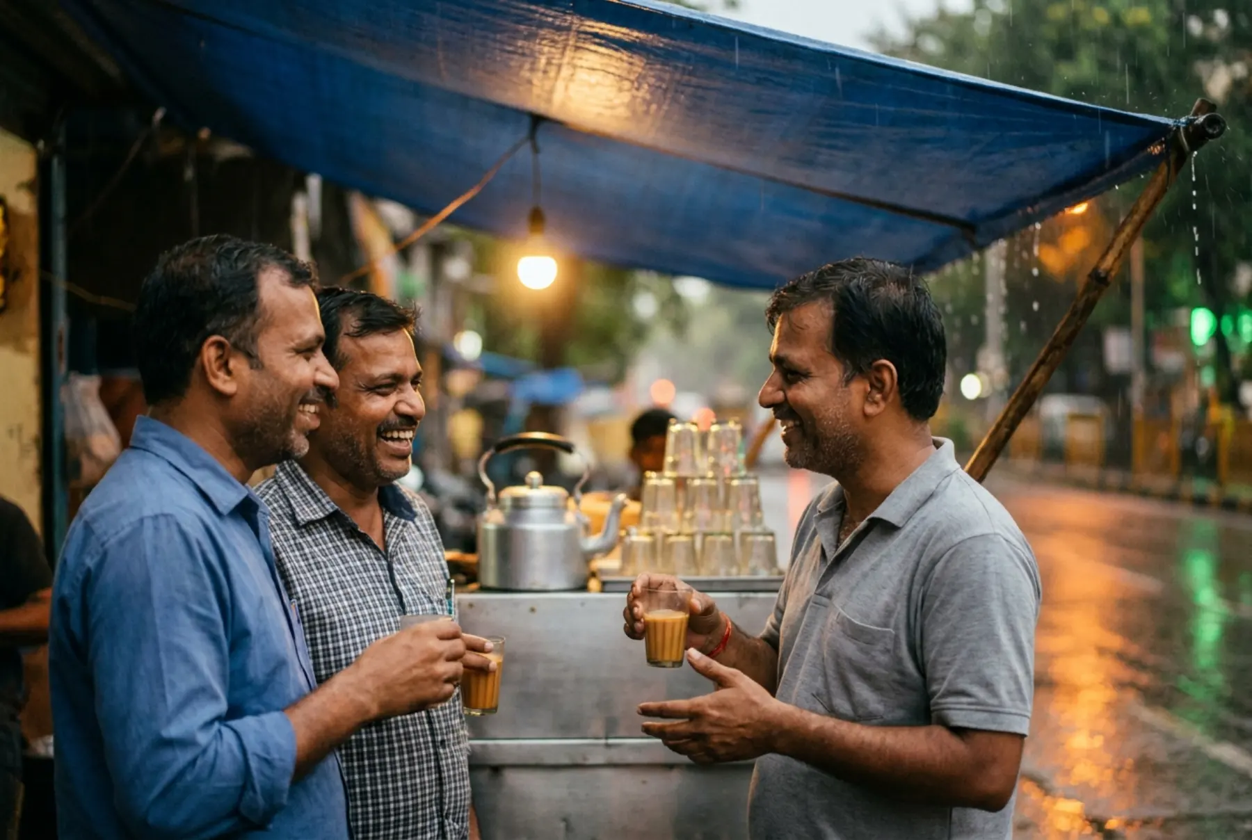 Three men standing under a blue tarpaulin at a Mumbai chai stall in the rain, holding glasses, one laughing.