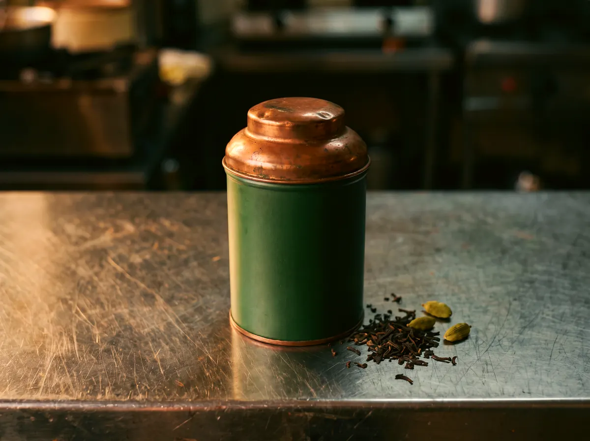 A plain deep green tea tin with a copper lid on a steel counter.